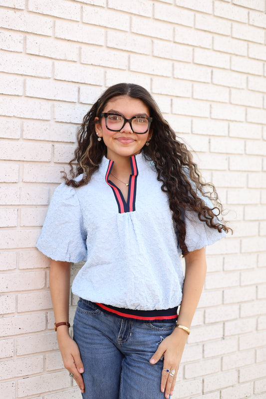 Stripe Accent V-Neck Textured Solid Top