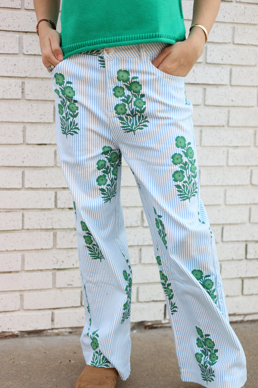 STRIPED FLORAL WIDE LEG PANT - BLUE/GREEN