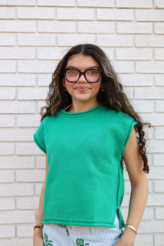 CAP SLEEVE KNIT TOP - GREEN