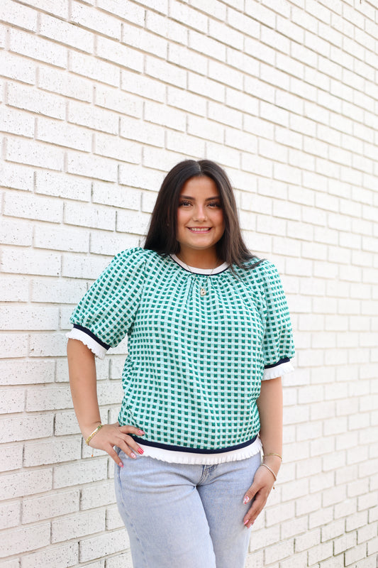 PUFF SLEEVE TEXTURED PLAID KNIT TOP - MINT/NAVY