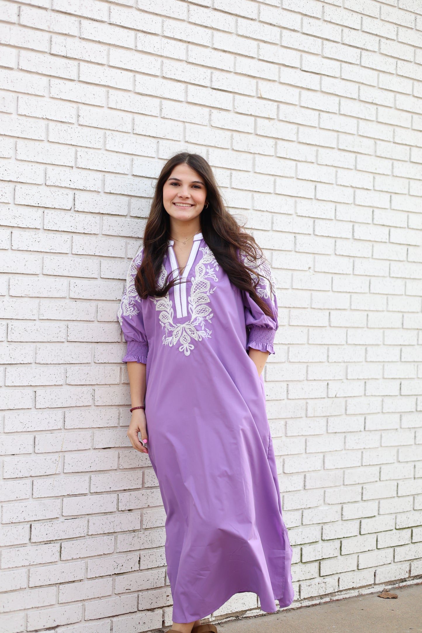 LAVENDER W/WHITE EMBROIDERY HALF SLEEVE MIDI DRESS