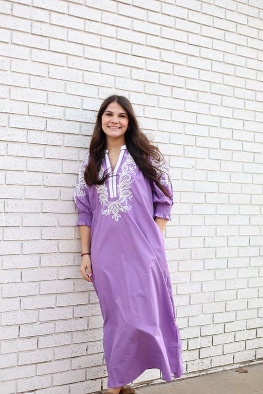 LAVENDER W/WHITE EMBROIDERY HALF SLEEVE MIDI DRESS