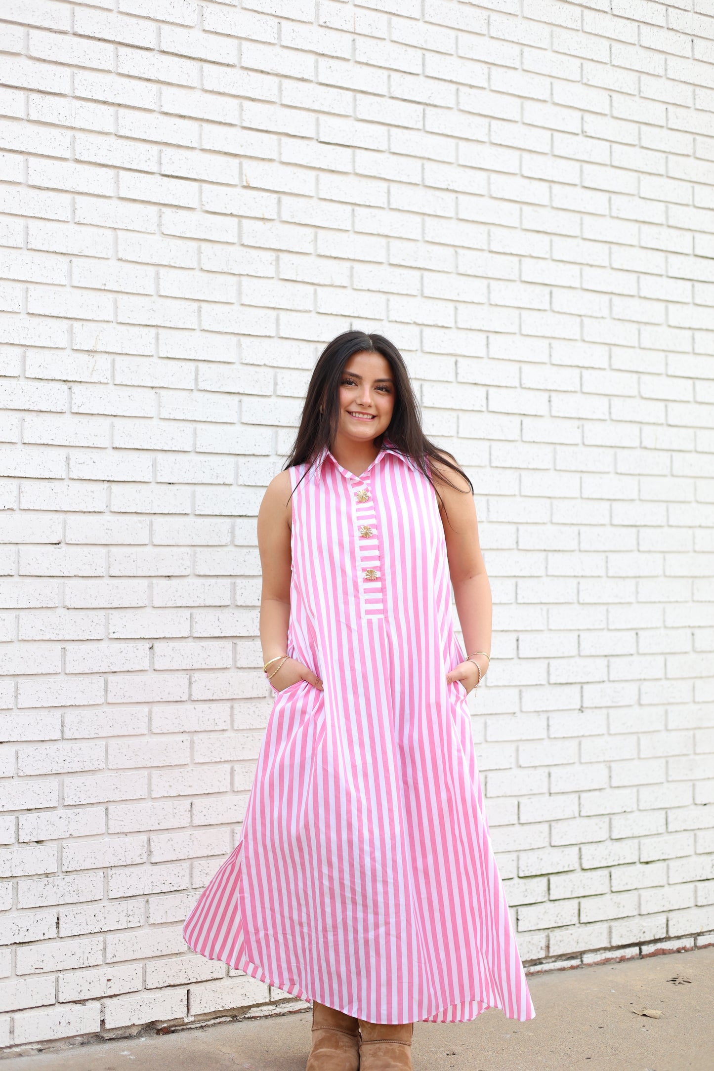 PINK STRIPED COLLARED MIDI DRESS WITH GOLD EMBELLISHED BUTTONS