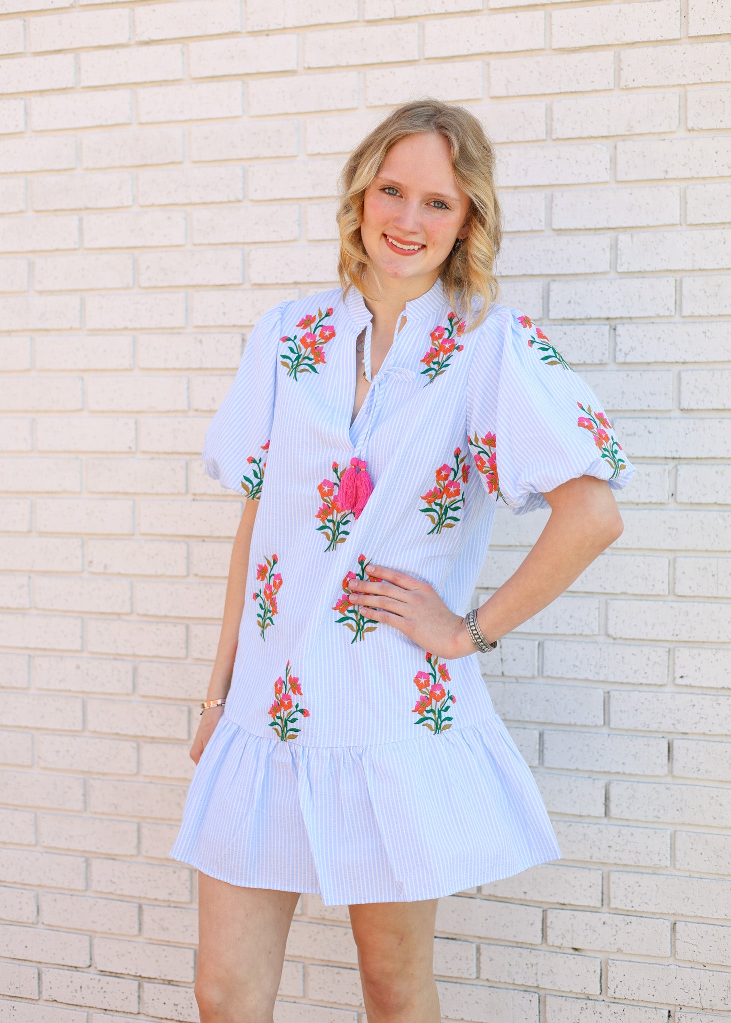 LIGHT BLUE PUFF SLEEVE EMBROIDERED STRIPED DRESS
