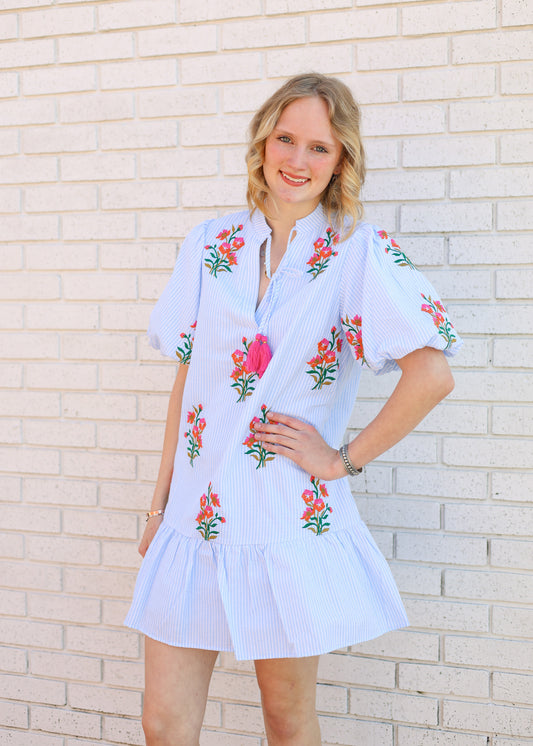 LIGHT BLUE PUFF SLEEVE EMBROIDERED STRIPED DRESS