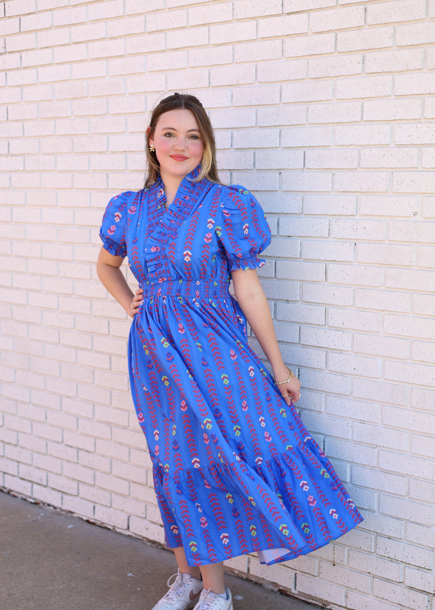 BLUE MIX PUFF SLEEVE SMOCKED RUFFLE NECK MIDI DRESS