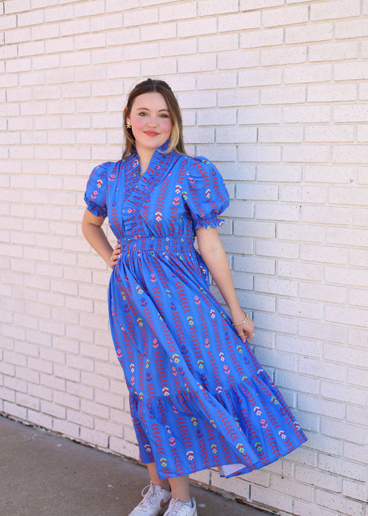 BLUE MIX PUFF SLEEVE SMOCKED RUFFLE NECK MIDI DRESS