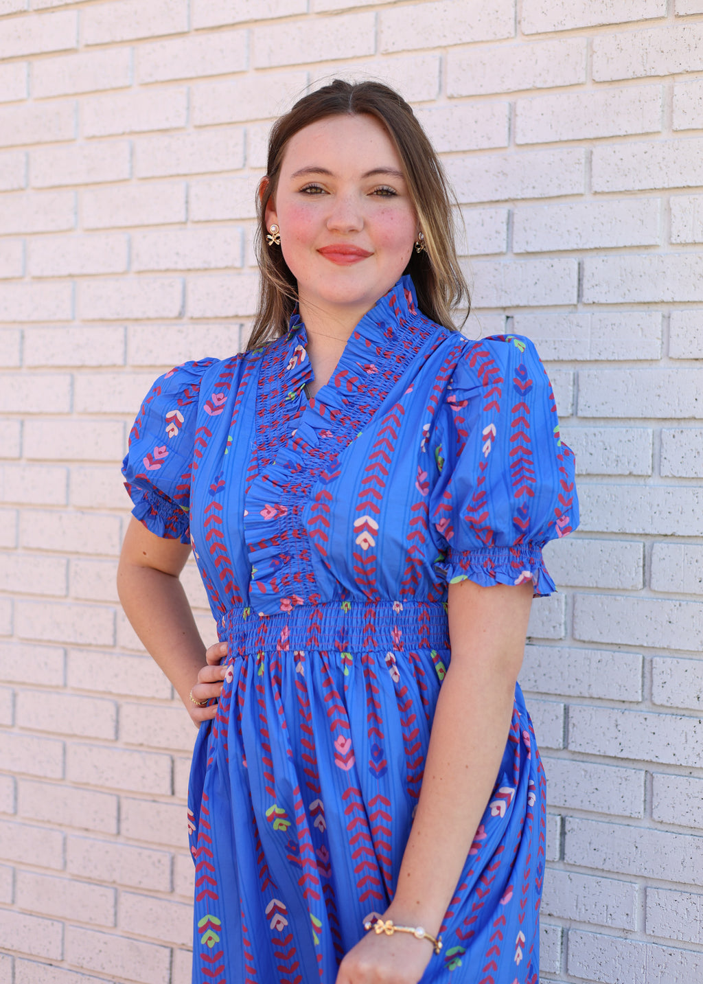 BLUE MIX PUFF SLEEVE SMOCKED RUFFLE NECK MIDI DRESS