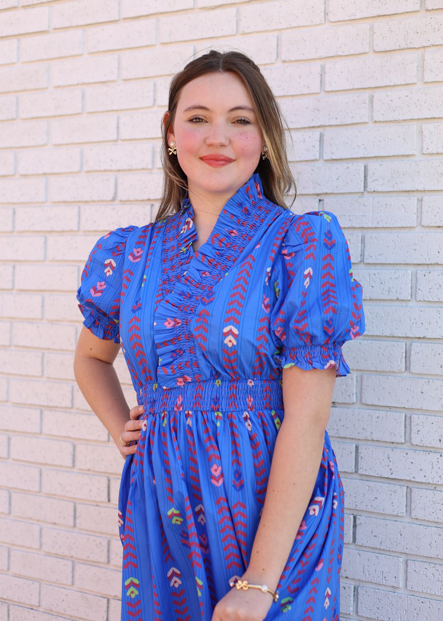 BLUE MIX PUFF SLEEVE SMOCKED RUFFLE NECK MIDI DRESS
