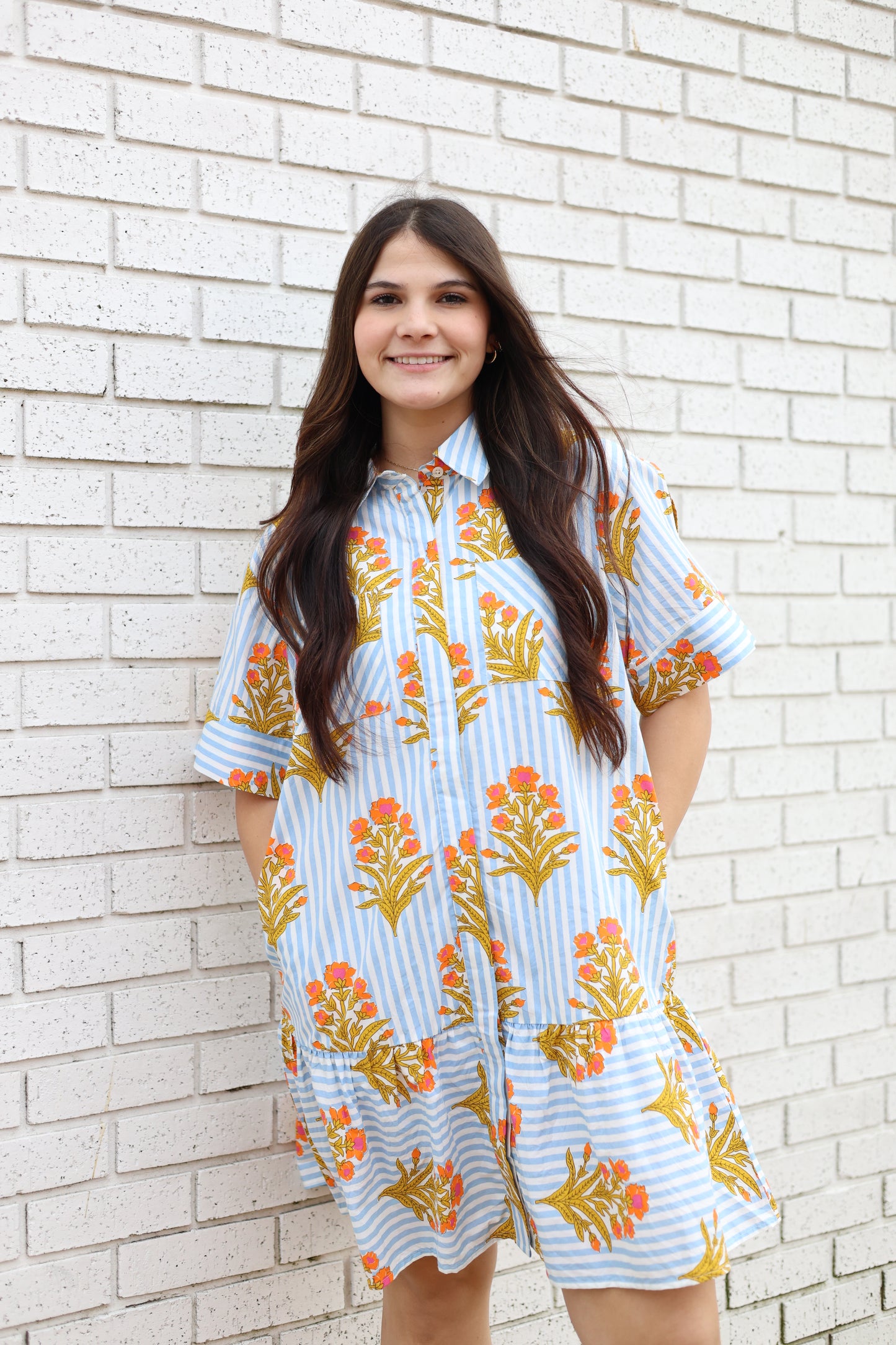 BLUE STRIPED MULTI FLORAL PATTERN DRESS