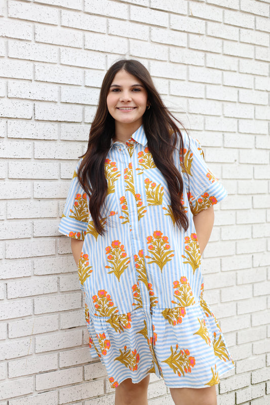 BLUE STRIPED MULTI FLORAL PATTERN DRESS