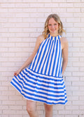 ROYAL BLUE STRIPE PATTERN RUFFLE BOTTOM HALTER NECK DRESS
