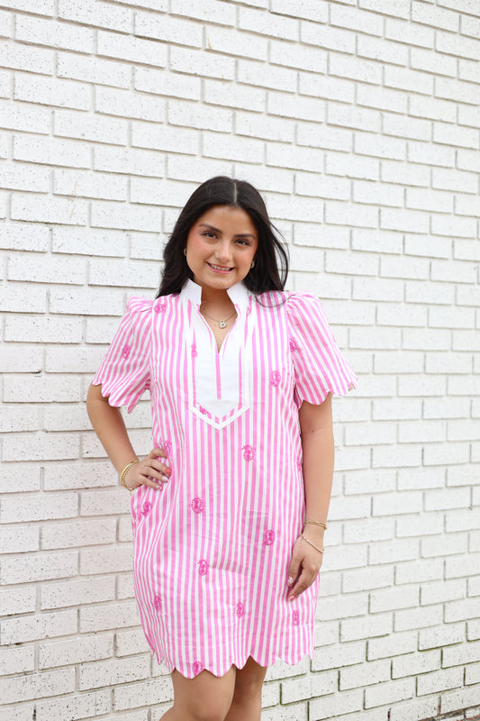 PINK STRIPE MINI DRESS WITH EMBROIDERY & SCALLOP HEM