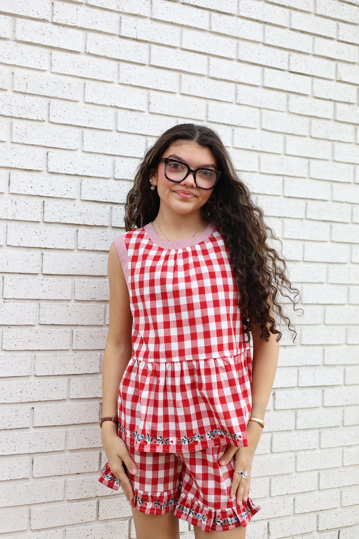 FLORAL EMBROIDERED RED GINGHAM SLEEVELESS PEPLUM TOP AND SHORTS - 2 PC. SET - Pharm Favorites by Economy Pharmacy
