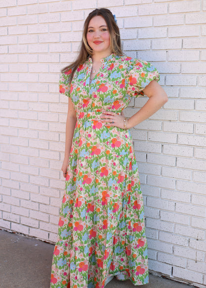 MARIGOLD FLORAL PRINT TIERED DRESS