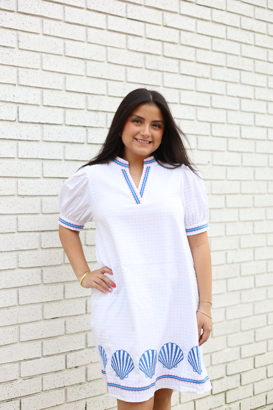 PUFF SLEEVE GINGHAM SHIFT DRESS WITH EMBROIDERY ACCENT - WHITE