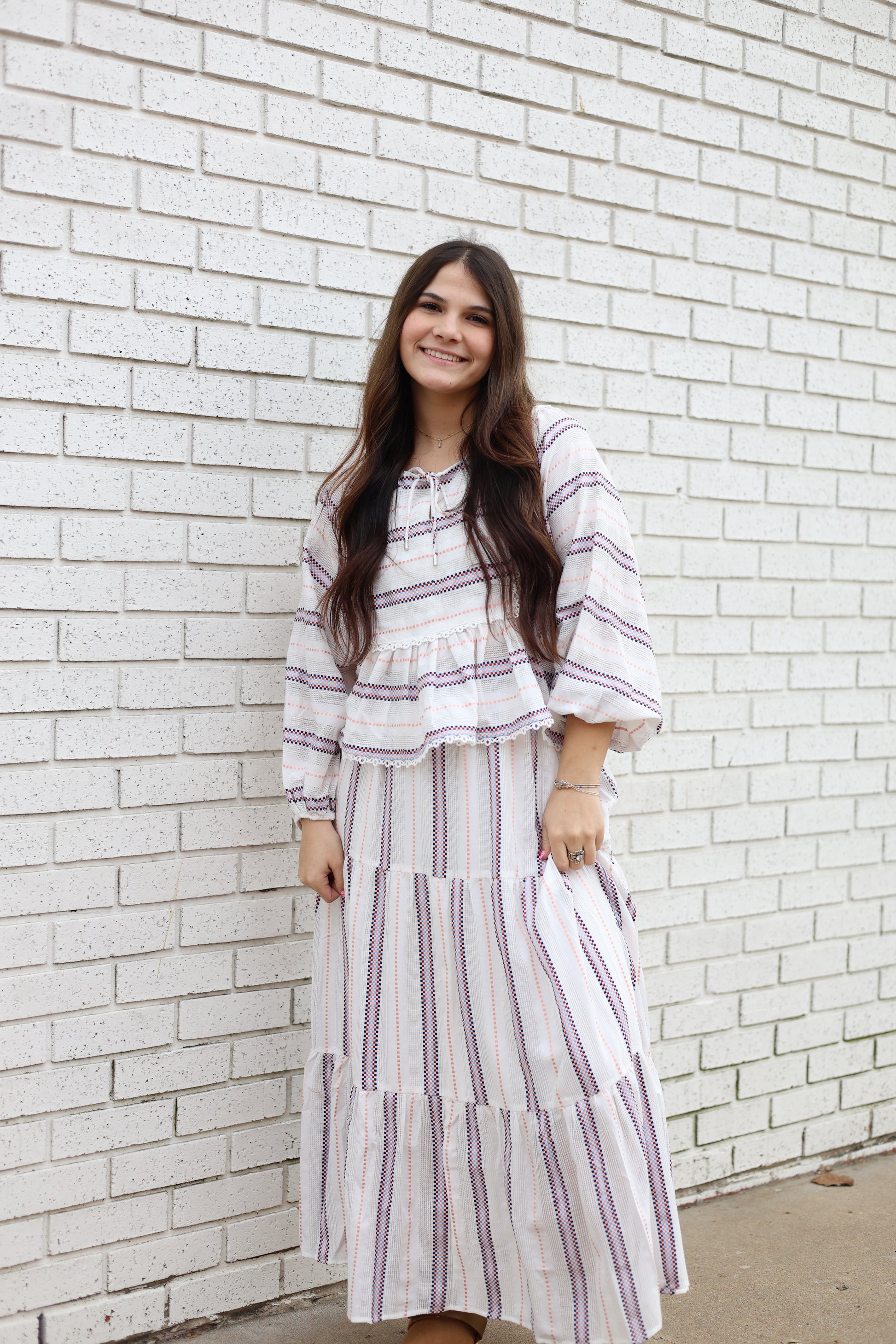 2 PC WHITE & RED MIX STRIPED PEPLUM SLEEVE TOP & TIERED MIDI SKIRT - Pharm Favorites by Economy Pharmacy