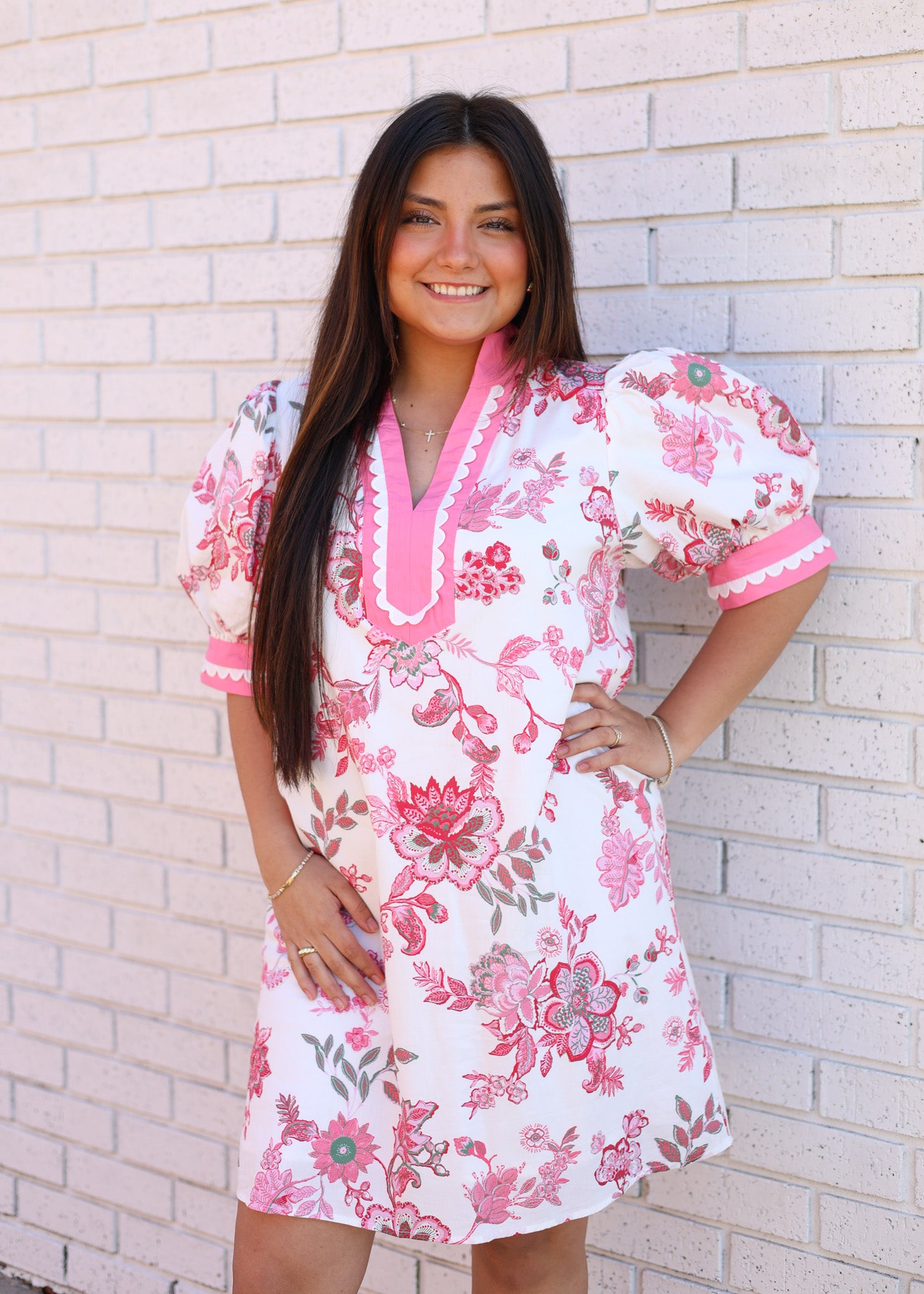 PINK FLORAL PRINT PULLOVER MINI DRESS W/CONTRAST ACCENT COLLAR & CUFFS