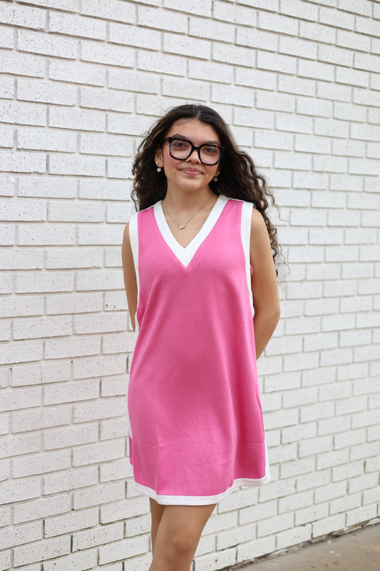 PULLOVER DRESS WITH CONTRAST BAND - CANDY PINK