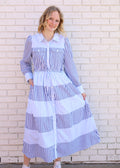 LIGHT BLUE STRIPED COLLARED LONG SLEEVE MIDI DRESS