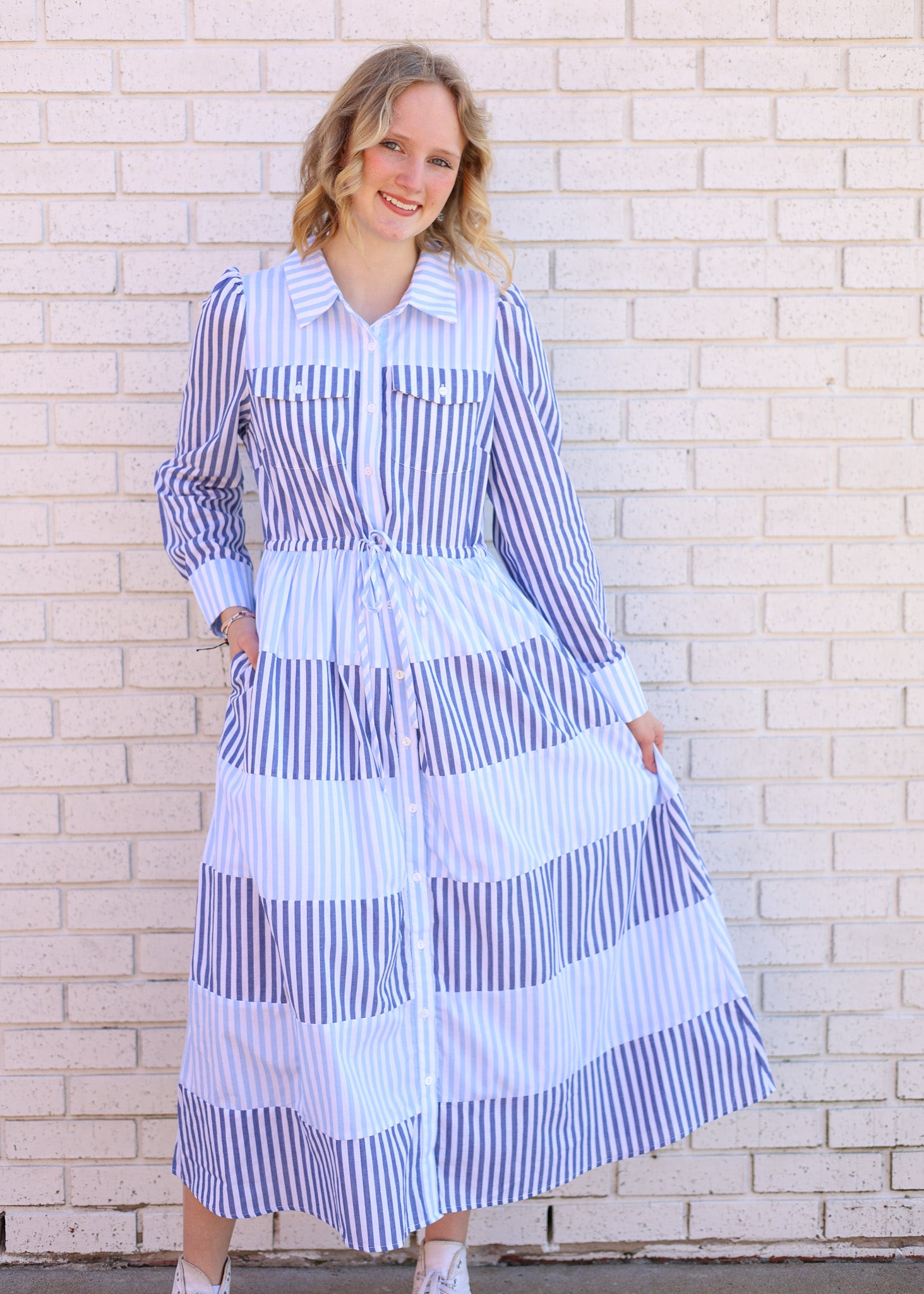 LIGHT BLUE STRIPED COLLARED LONG SLEEVE MIDI DRESS