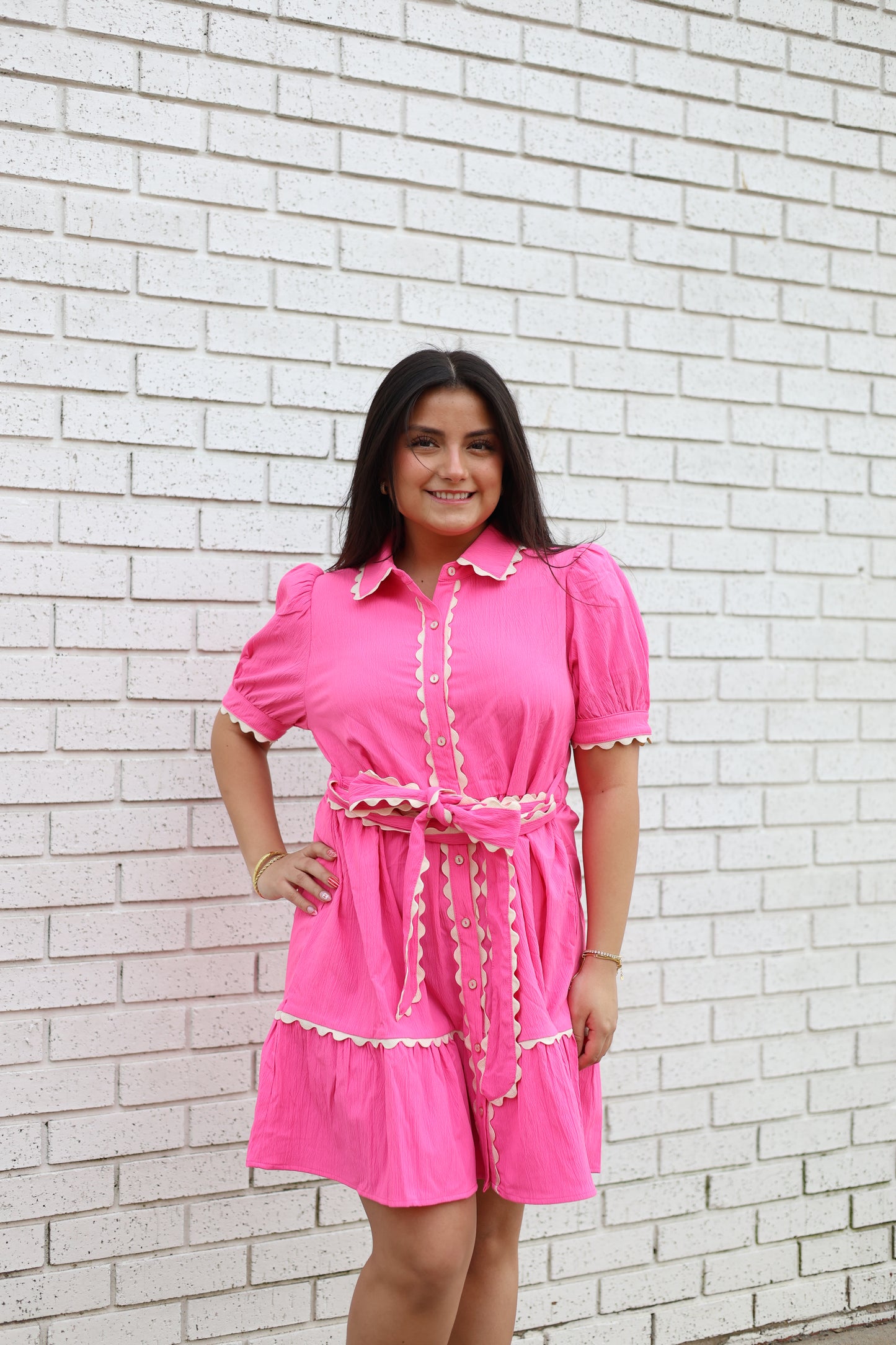 PUFFSLEEVE BUTTON DOWN BABYDOLL DRESS - HOT PINK