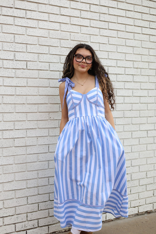 STRIPED MIDI DRESS WITH TIE STRAPS
