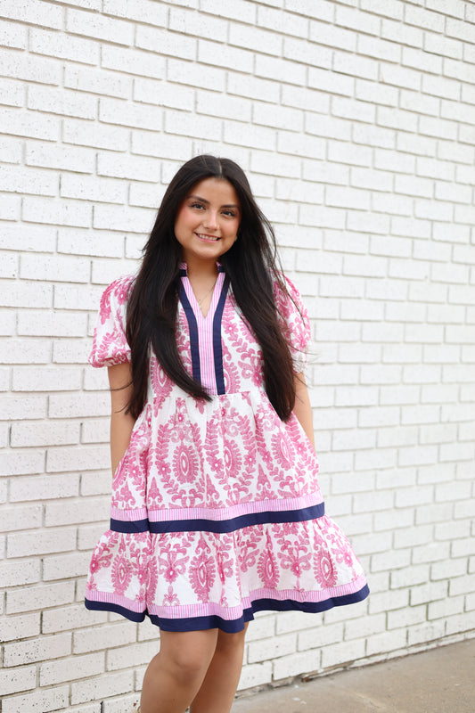 PUFF SLEEVE BAROQUE PRING TIERED DRESS - MAGENTA MIX