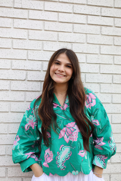 GREEN FLORAL PRINT SCALLOP TRIM LONG SLEEVE BLOUSE