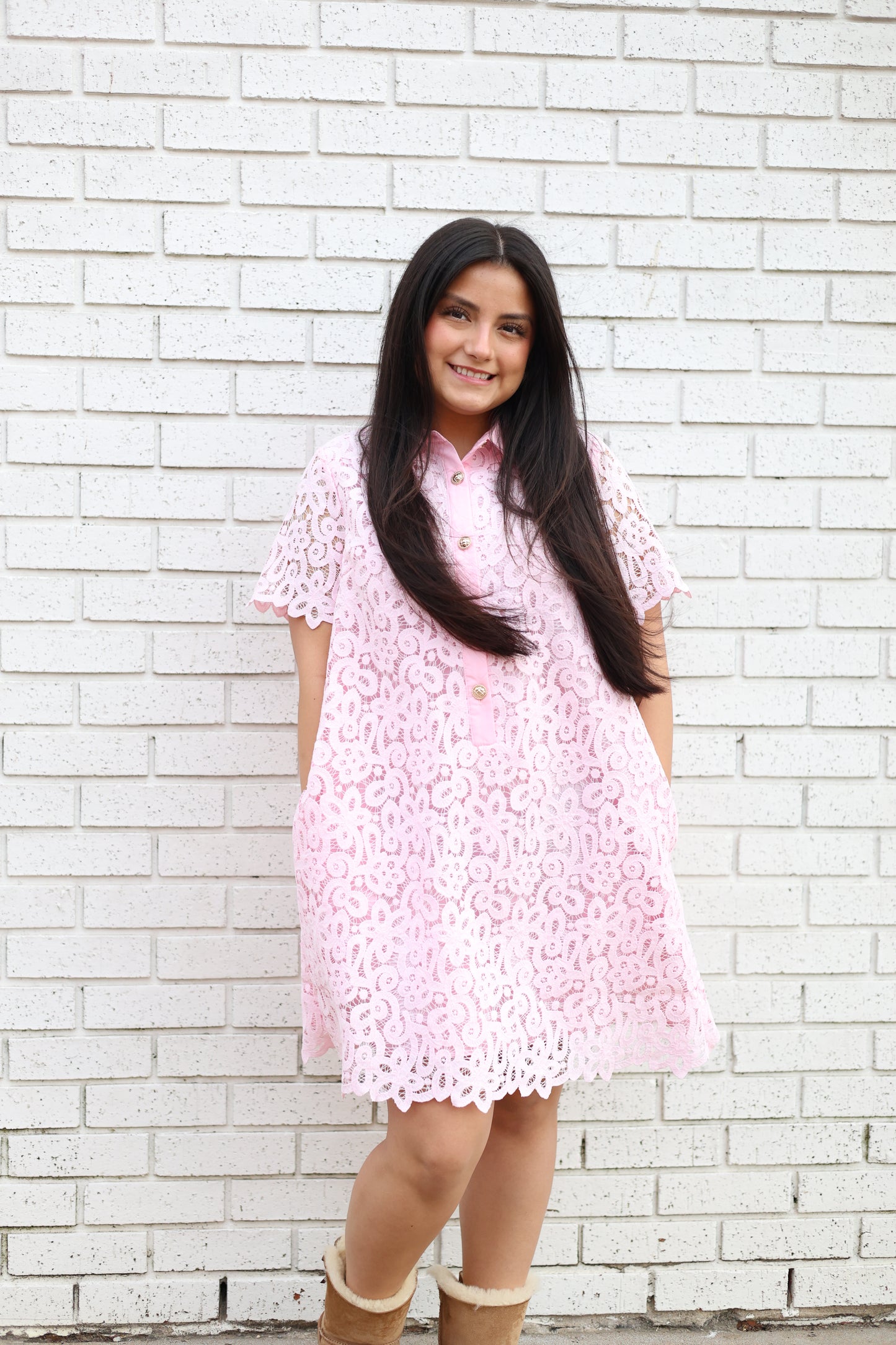 LACE OVERLAY DRESS WITH GOLD BUTTONS - BABY PINK