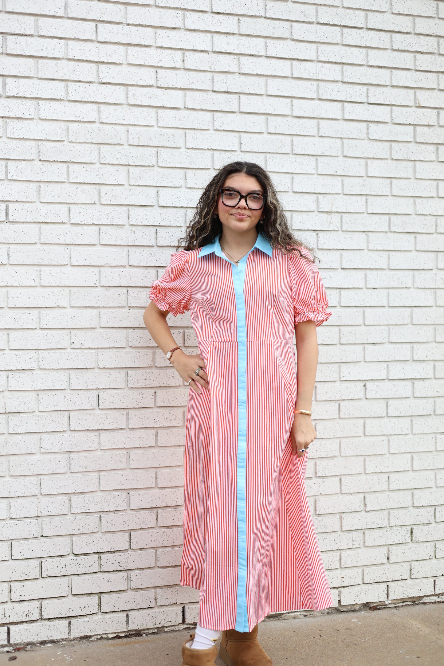 ORANGE STRIPED DRESS WITH BLUE CONTRAST