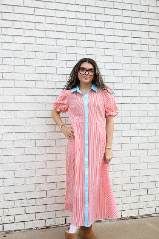 ORANGE STRIPED DRESS WITH BLUE CONTRAST
