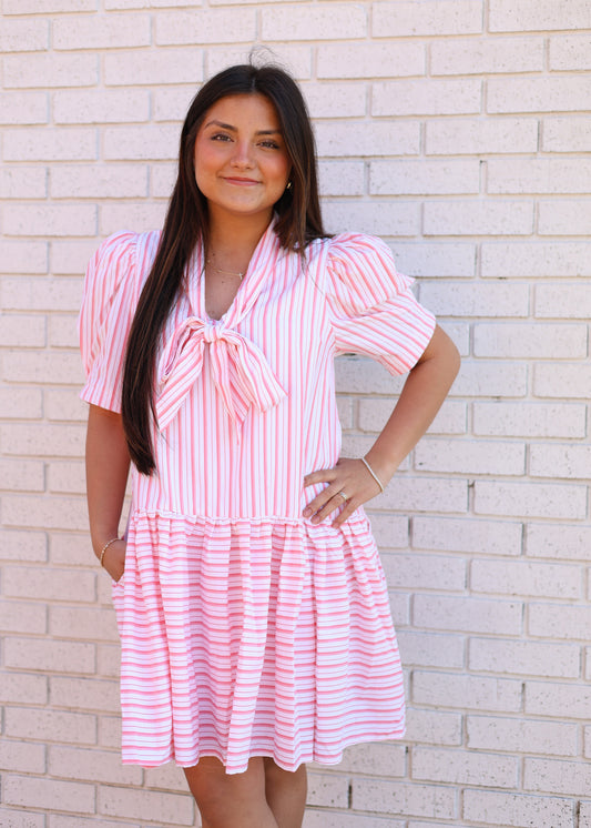 CORAL STRIPE PATTERN RUFFLE HEM PULLOVER MINI DRESS WITH FRONT BOW ACCENT