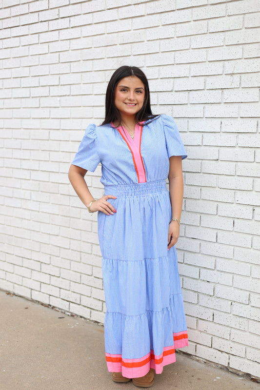 SHORT SLEEVE STRIPED TEXTURED MAXI DRESS - LIGHT BLUE WITH ORANGE/PINK ACCENT