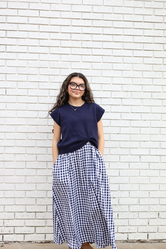 GINGHAM DRESS WITH NAVY KNIT TOP - 2 PC. SET