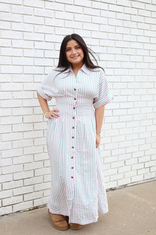 SHORT SLEEVE STRIPED BUTTON DOWN DRESS - PINK/GREEN STRIPED