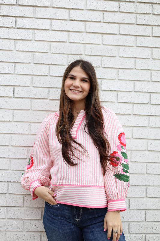LONG SLEEVED STRIPED BLOUSE WITH EMBROIDERED FLORAL SLEEVES
