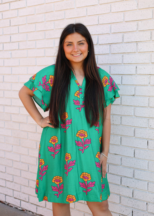 GREEN MIX LARGE FLOWER PRINT MINI DRESS WITH FLUTTER SLEEVES