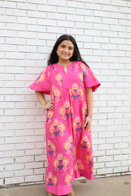 SHORT FLUTTER SLEEVE MIDI FLORAL DRESS - FUCHSIA