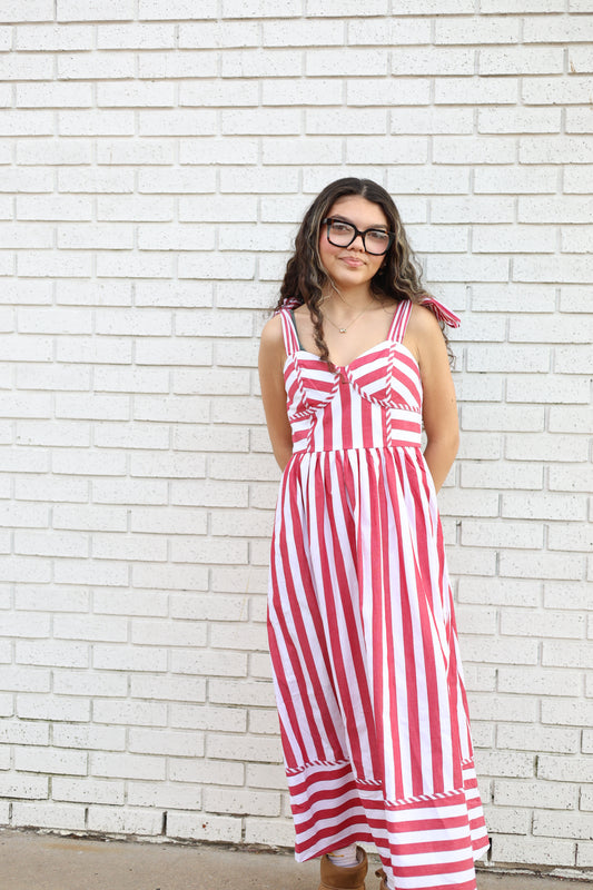 STRIPED MIDI DRESS WITH TIE STRAPS