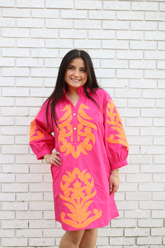 3/4 SLEEVE BAROQUE FLORAL SHIFT DRESS - FUCHSIA/ORANGE - Pharm Favorites by Economy Pharmacy