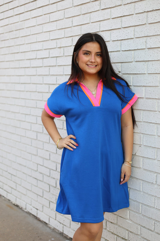 BLUE CASUAL DRESS WITH PINK/ORANGE ACCENT