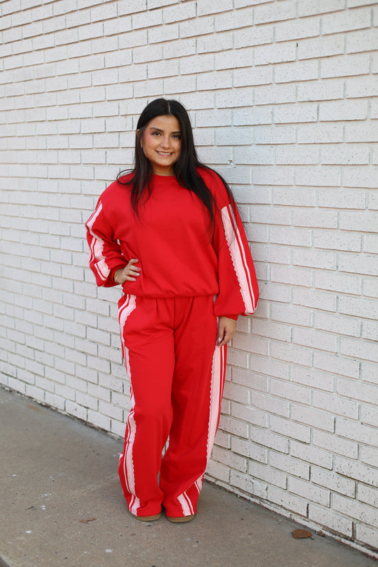 FRENCH TERRY LACE CONTRAST 2 PC. SET - RED/PINK