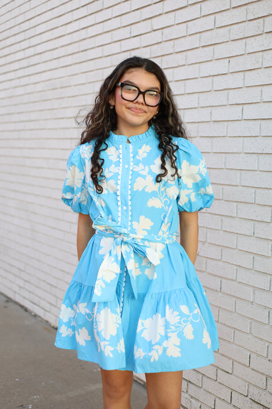 FLORAL DROP WAIST DRESS WITH TIE - SKY BLUE - Pharm Favorites by Economy Pharmacy