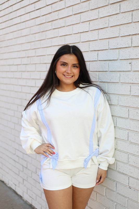 STRIPE BOW DETAILS LOUNGE SET - BLUE/WHITE