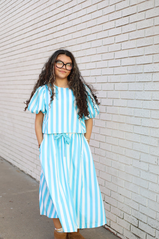 STRIPED SKIRT AND TOP 2 PC SET - TURQUOISE