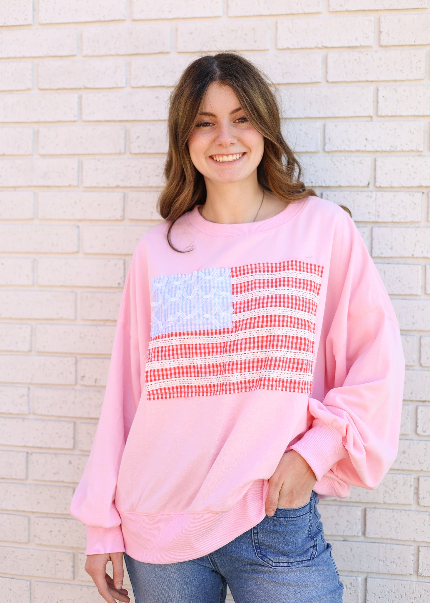 PINK AMERICAN FLAG LACE TRIM DETAIL FLAG SWEATSHIRT
