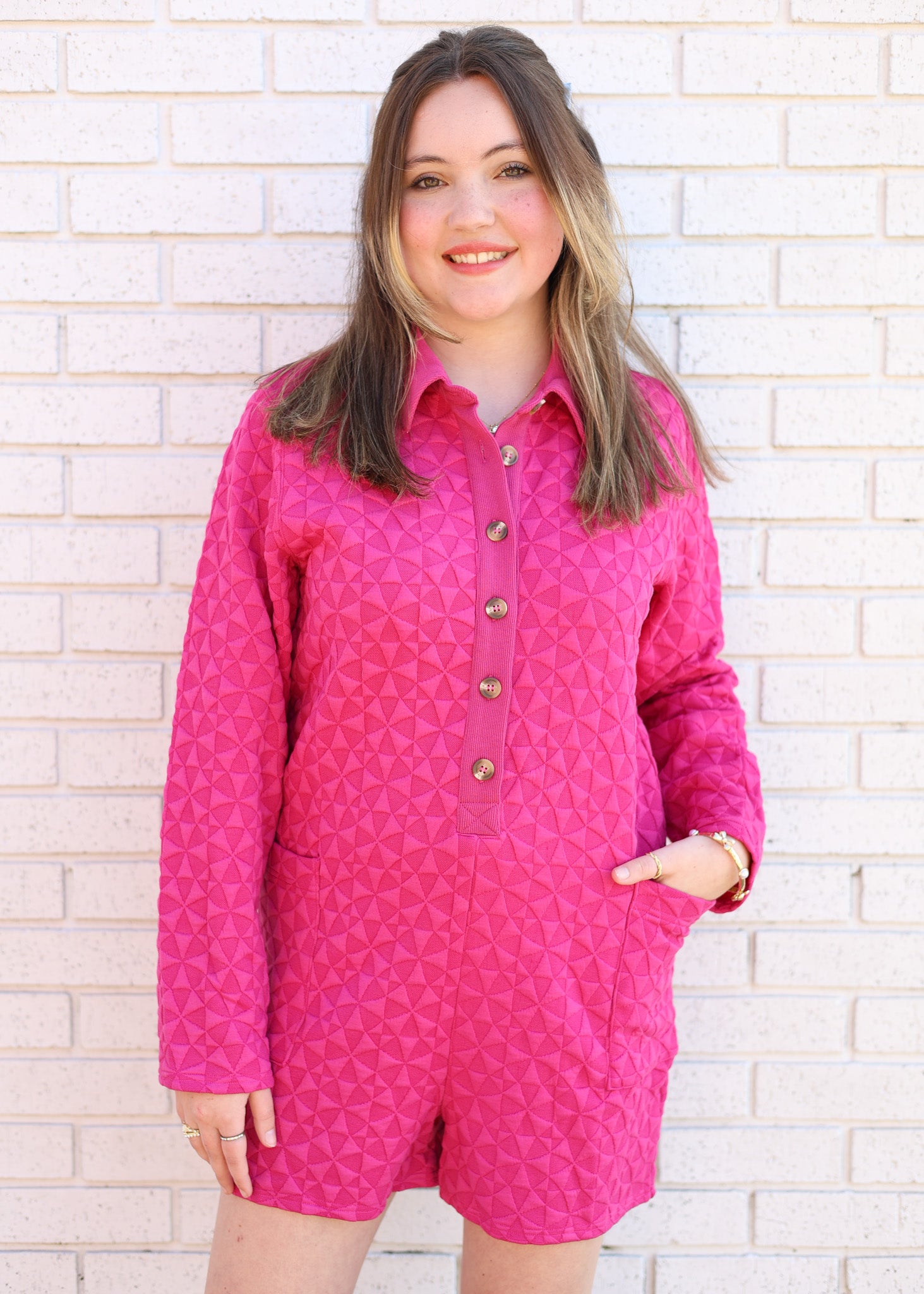 MAGENTA BUTTON UP ROMPER W/POCKETS