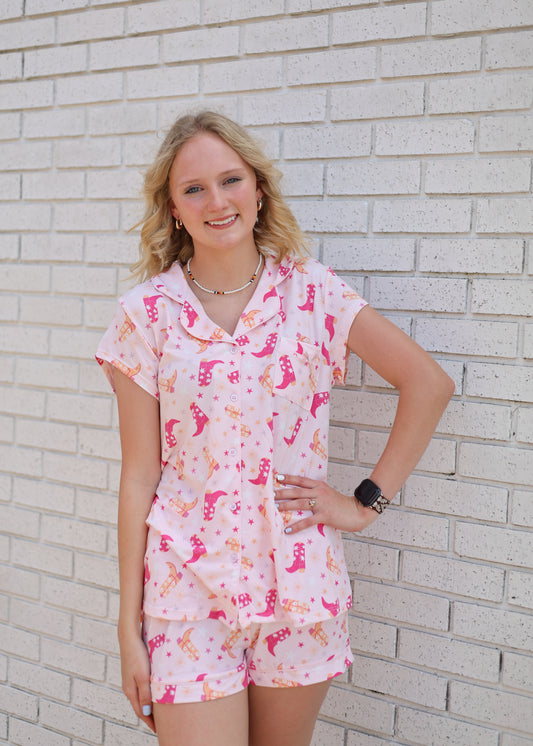 SHORT SLEEVE LOUNGE SET - COWBOY BOOT PINK