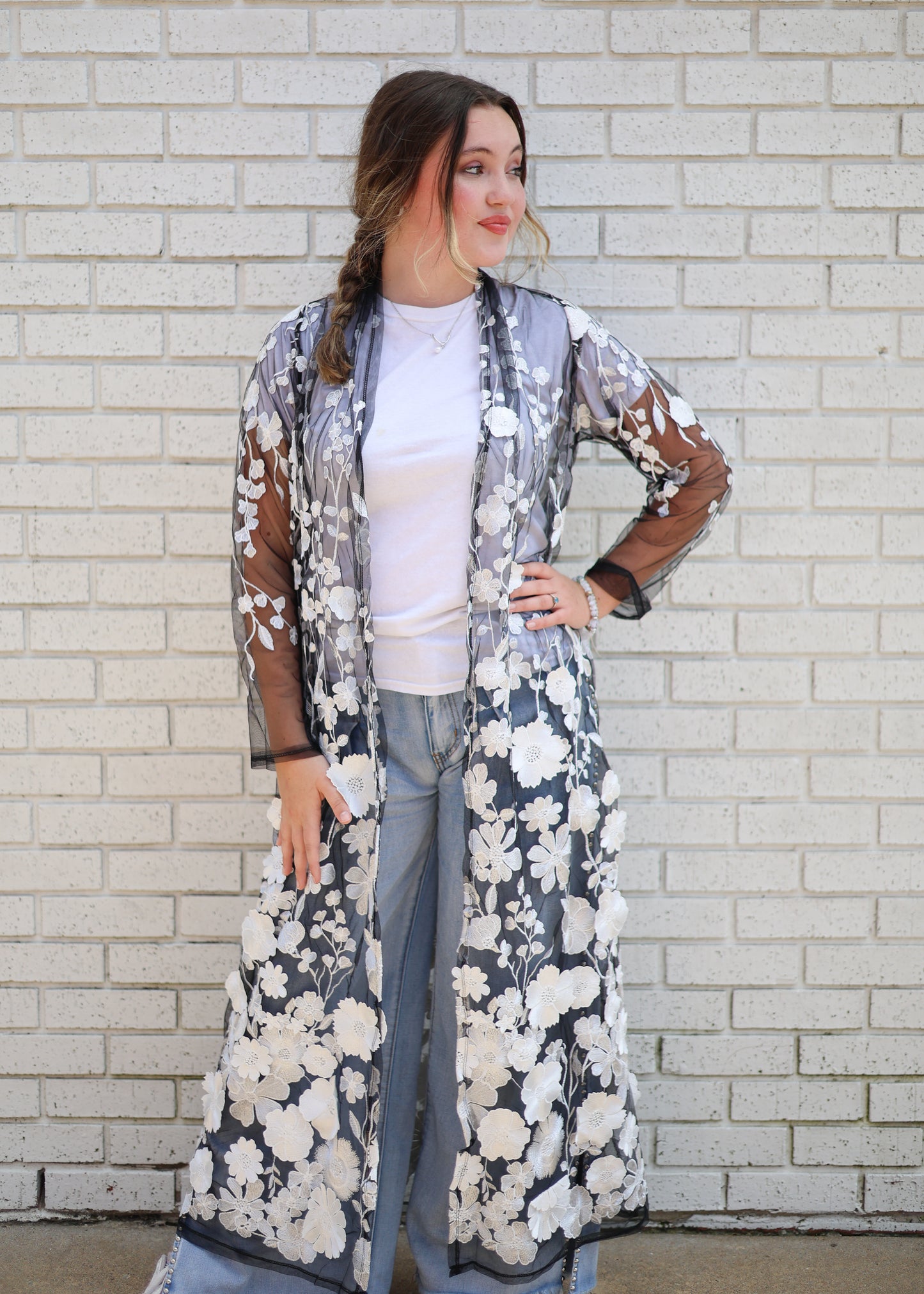 FLORAL COUTURE DUSTER - BLACK & WHITE FLOWERS